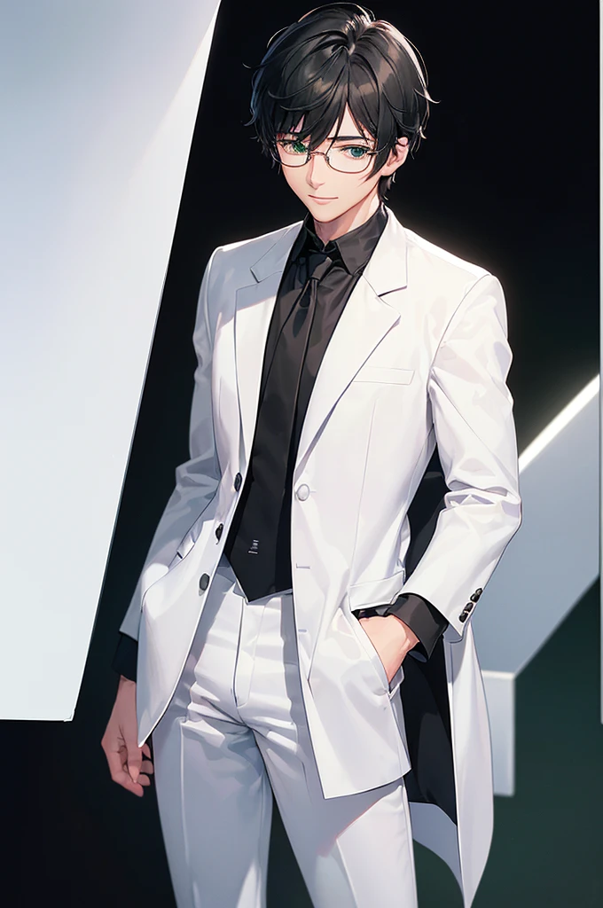 (masterpiece; best quality: 1.2), (finely detailed eyes: 1.3), ((25 year old man)), ((solo)), (green eyes: 1.4), (body; lean, lithe, masculine: 1.3), (very short black hair: 1.3), (beautiful and clear background: 1.2), ((depth of field)), (equipment: white open labcoat + black shirt + white necktie + white pants + black square glasses: 1.3), (anime illustration: 1.2), (background composition; japanese highschool classroom + furniture: 1.1), (extremely fine and handsome: 1.1), (shot composition; standing + centered on torso + close-up: 1.5), (expression; calm, smile: 1.2)