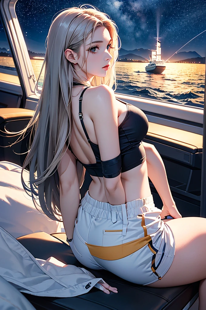 (masterpiece:1.5, Highest quality, Very detailed、 Dutch Angle、Realistic、2.5D、Realistic)(One Girl, alone)(Silver Hair:1.6,,Straight Long Hair)(Sports Bra、Jacket:1.5、Shorts、tightedium breasts, Beautiful cleavage,underboob))(from backside),(Beautiful starry sky、Mystical Night、Particles of light float around the woman、Fantastic space、Ocean、luxury passenger ship)
