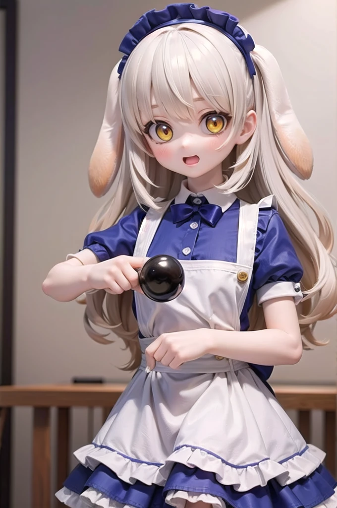 best quality, 1girl, radiyu, white hair, yellow eyes, floppy rabbit ears, nsfw, maid uniform, clear eyes