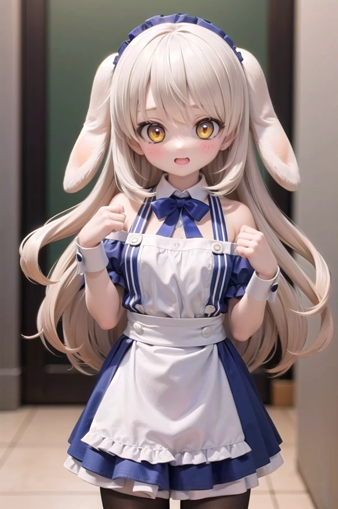 best quality, 1girl, radiyu, white hair, yellow eyes, floppy rabbit ears, nsfw, maid uniform, clear eyes