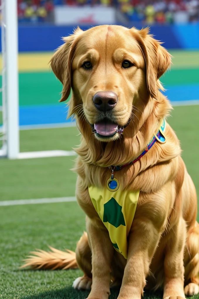 Impersonate an animated Golden Retriver wearing the Brazilian national team shirt at the Copa América 2024.
.
With a sociable and fun expression. shiny golden fur. Lively and curious look
