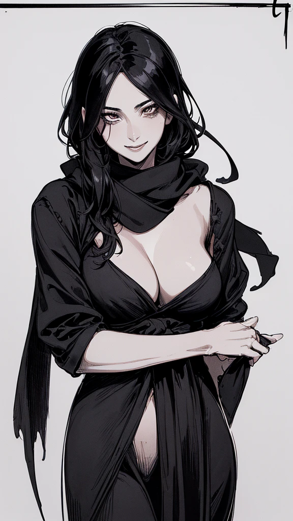 top quality, (background details), high contrast, one very beautiful woman, detailed original illustration, functional, delicate face, ninja, black ninja costume, black hair, scarf, face hidden by hand towel, charming, bad girl, sexy, real breasts, crazy smile, crazy eyes, black background, (black background: 1. 5), beautiful Line drawing, monochrome