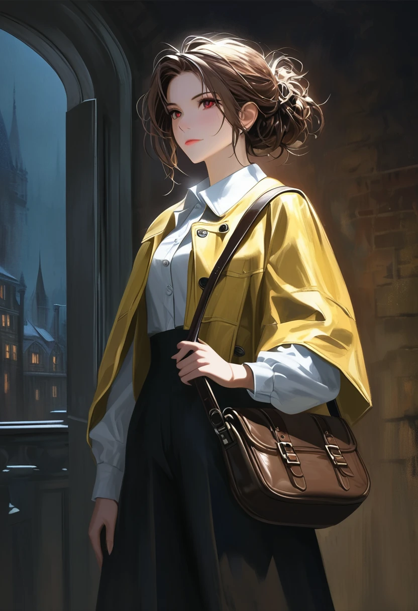 ((adult)), (woman), ((tall)), masterpiece, best quality, dark aura, brown hair, ((updo hair)), (messy hair) , ringed dark red eyes, plain white shirt, Yellow coat, black pants, carrying a big waist leather bag, (faint smile), realistic anime style, (oil painting), dark old manor background, night, impasto.