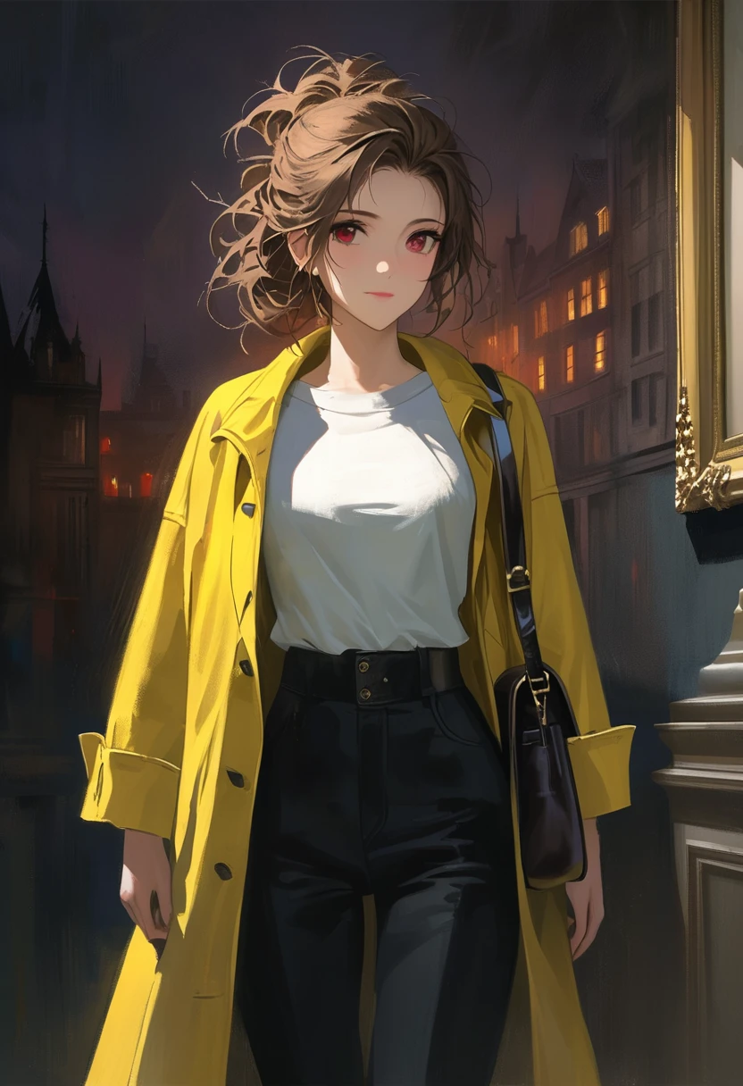 ((adult)), (woman), ((tall)), masterpiece, best quality, dark aura, brown hair, ((updo hair)), (messy hair) , ringed dark red eyes, plain white shirt, Yellow coat, black pants, carrying a big waist leather bag, (faint smile), realistic anime style, (oil painting), dark old manor background, night, impasto.