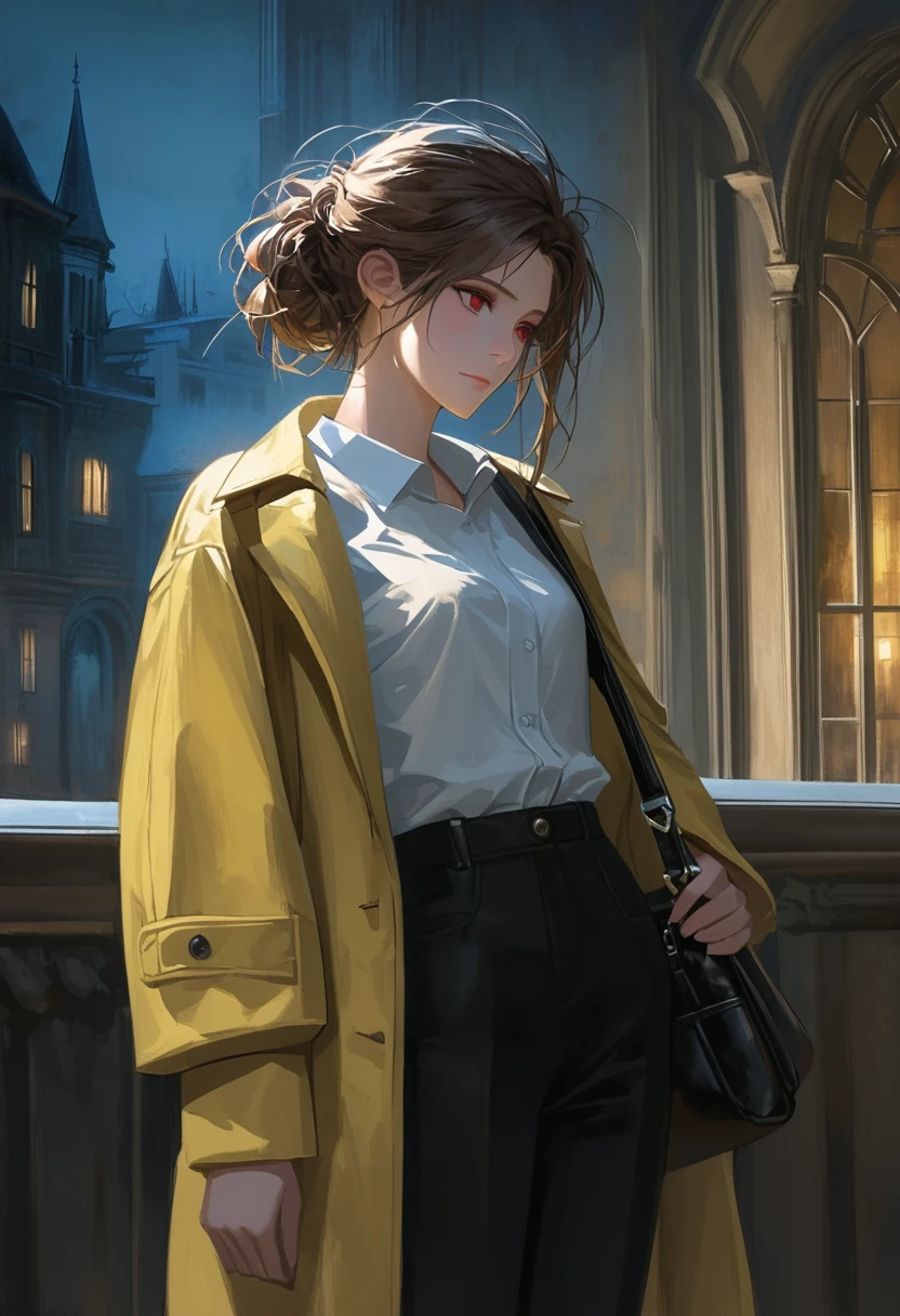 ((adult)), (woman), ((tall)), masterpiece, best quality, dark aura, brown hair, ((updo hair)), (messy hair) , ringed dark red eyes, plain white shirt, Yellow coat, black pants, carrying a big waist leather bag, (faint smile), realistic anime style, (oil painting), dark old manor background, night, impasto.