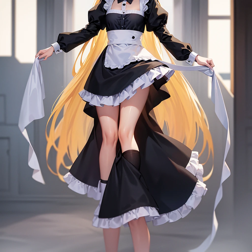 ((Maid)),Cute little ,Tiny ,Small girl,,Childish face, Very fine clean face,Top quality,Straight Hair,Yellow hair,(Dark Room), Subtle light, Natural light,Soft lighting,Light from directly behind, (Are standing),Front view,Black background