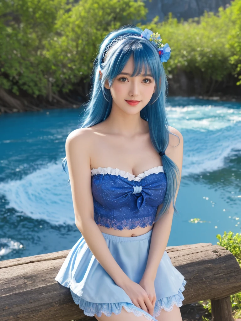 1girl, solo, facing viewer, smile, medium breast, cleavage: 1.2, , masterpiece, HD, detailed skin, detailed face and eyes, realistic, high resolution, 8k, Sleeveless, ((Layered Lolita)), (Blue Strapless Lace Lolita), (Blue Mini Skirt), Flower Headband, Holdup Stocking, Mini Skirt, ((Bokeh1.1)), Masterpiece, ((Blue Hair)), ((Bangs Long Tied Hair)), (Blue Sky), (HDR), River Background, waterfall, tree, mountain