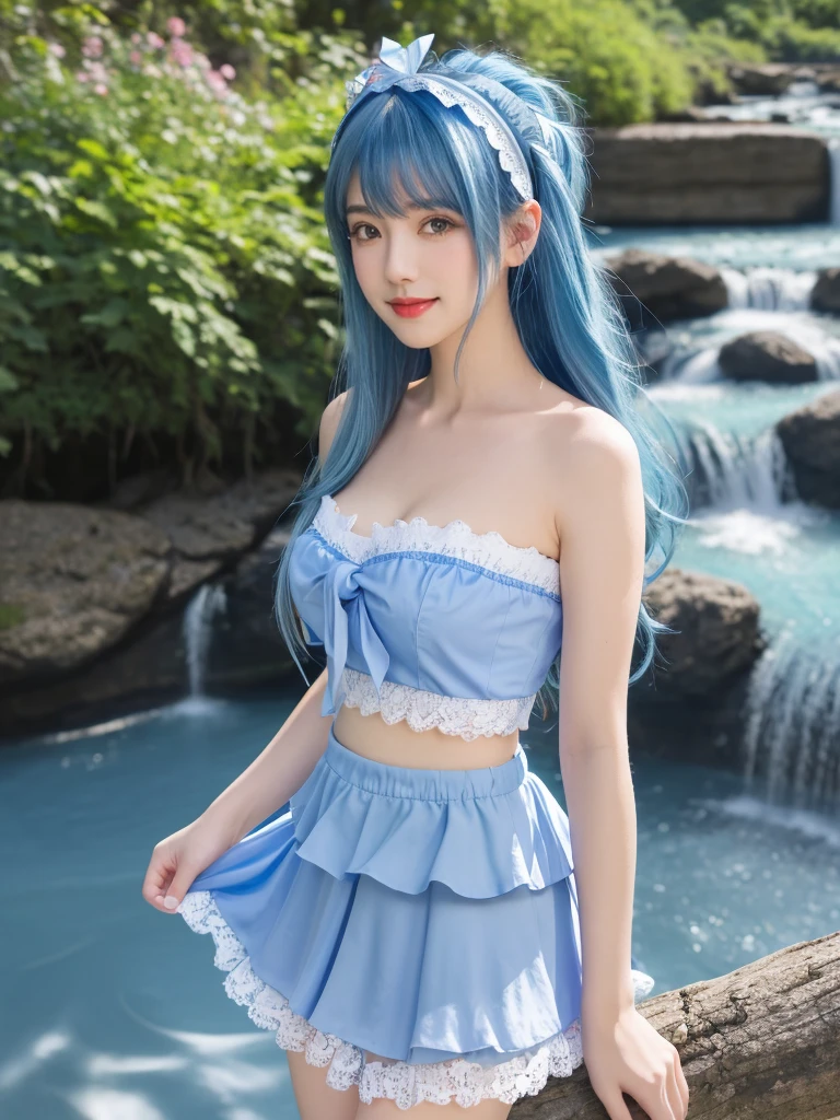 1girl, solo, facing viewer, smile, medium breast, cleavage: 1.2, , masterpiece, HD, detailed skin, detailed face and eyes, realistic, high resolution, 8k, Sleeveless, ((Layered Lolita)), (Blue Strapless Lace Lolita), (Blue Mini Skirt), Flower Headband, Holdup Stocking, Mini Skirt, ((Bokeh1.1)), Masterpiece, ((Blue Hair)), ((Bangs Long Tied Hair)), (Blue Sky), (HDR), River Background, waterfall, tree, mountain