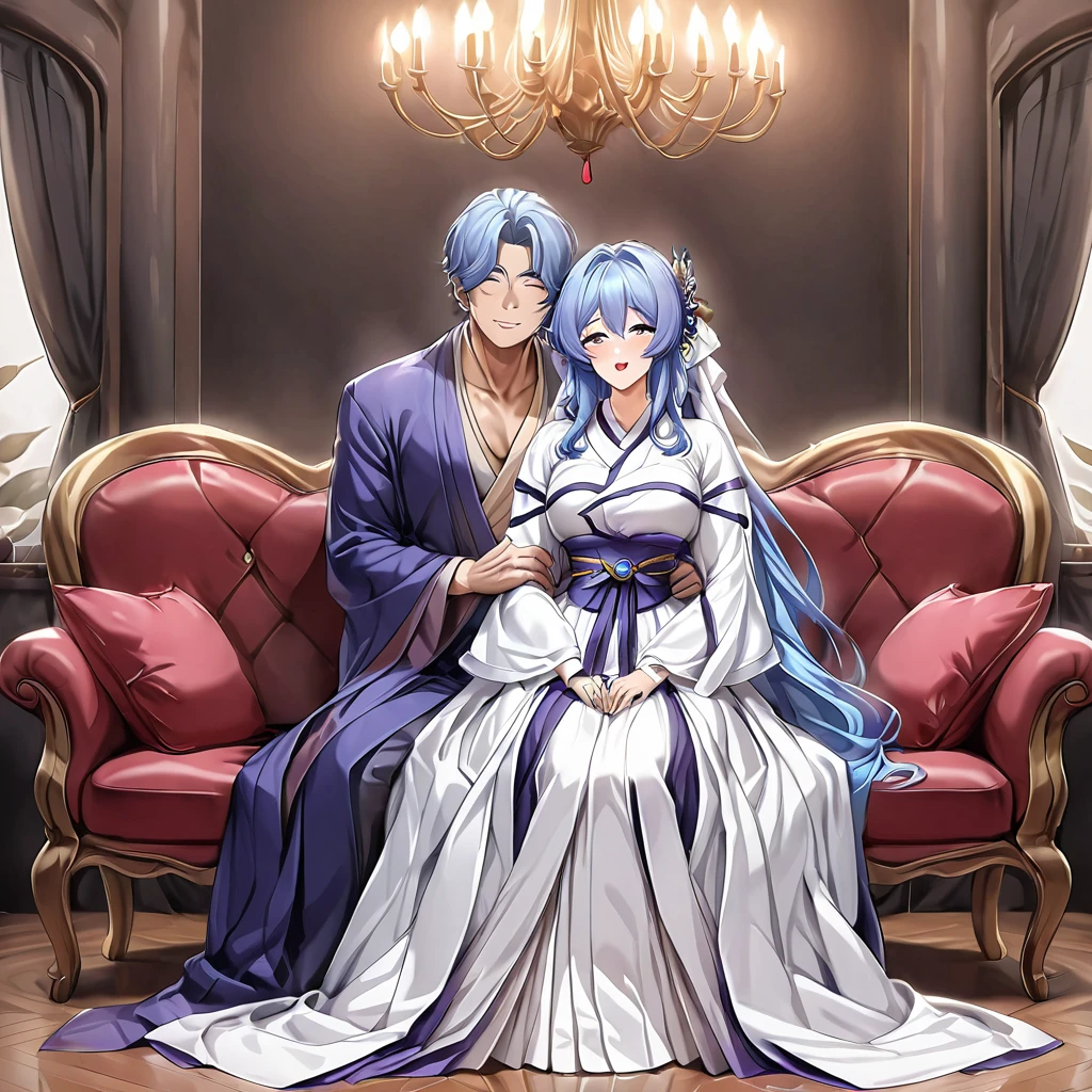 ((Highest quality)), ((masterpiece)), (detailed), (Perfect Face)、A naked man and a woman are having intense sex and making love、The woman is a Korean woman in an elegant Korean mansion, wearing a gorgeous and dazzling traditional Korean dress called a hanbok, a chogori, a gorgeous hair ornament, gorgeous jeweled accessories and an engagement ring. The man and woman are sitting on a gorgeous and large sofa in the luxurious room, and the woman is passionately embracing and passionately kissing the middle-aged Korean man wearing a dignified and sturdy hanbok, making passionate love as husband and wife.、The woman is an elegant Korean with medium-long blue hair.、The man is a dignified, sturdy middle-aged Korean man wearing the traditional Korean dress, Hanbok.