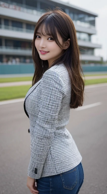 Tabletop, Highest quality, figure, Super detailed, In detail, High resolution, 8k wallpaper, Perfect dynamic composition, Beautiful attention to detail,Medium Hair,Small breasts Natural color Lips,, smile, 24-year-old girl、cute、sexy shot looking at camera、Sculpture model pose、city、KPOP idol faces、Navy Blue Blazer、White long sleeve shirt，Skinny jeans, a photo of a girl standing at a racetrack