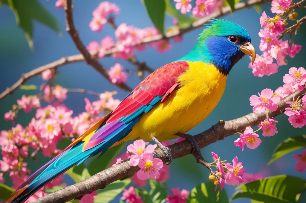 A brightly colored bird perched on a branch with leaves and flowers, Digital Art inspired by Charles Bird King, Trending on Pixabay, Digital Art, Colorful HD images, Colorful 8 k, Multicolored birds, Beautiful and colorful, Beautiful colorful, Long colorful bird, Colorful feathers, Colorful 4K, Beautiful and vibrant colors, 4k highly detailed Digital Art, Surreal Bird