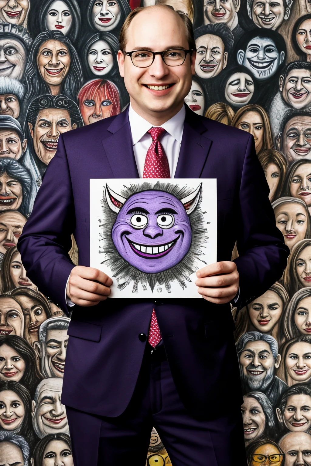 a drawing of a hand in the center surrounded by many cursed drawings, among them a trollface, a william aftom in his purple suit, a monster can, among others