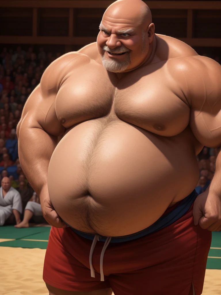 a smiling obese old man, big fat, detailed realistic portrait, sumo, 8k high resolution, perfect center, full view, realistic skin texture, wrinkled face, bald head, jovial expression, huge belly, fat, wearing shorts, high detail, masterpiece, (best quality,4k,8k,highres,masterpiece:1.2),ultra-detailed