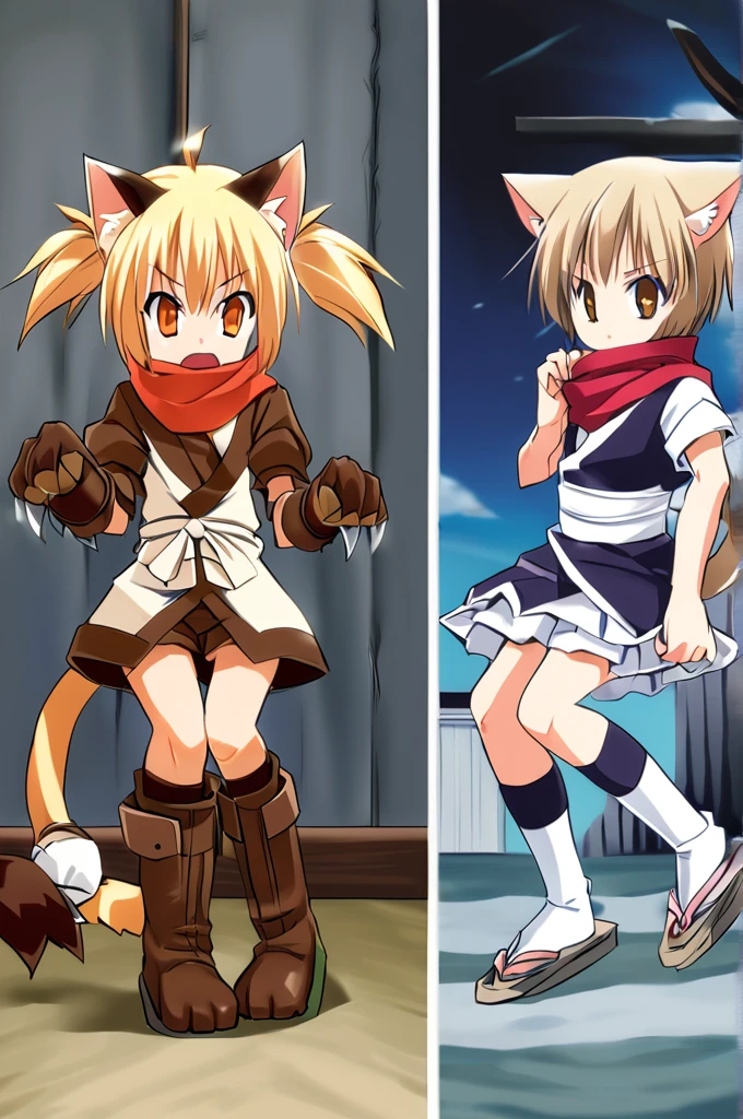 Short blonde hair, cat ears and tail to match hair color, orange eyes, wearing a red scarf, dressed like a brownish bandit, cute girl with a cat beast, brown leather gloves on her hands, two daggers in her hands, ready for battle, 15 years old, the picture should be a Japanese anime, similar to the reference image, small breasts
