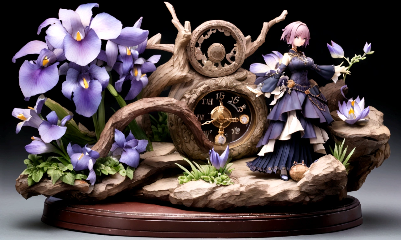 Western Vintage Dial,Textured,The overall color is blue,The dial is surrounded by flowers,This is Iris,Very romantic,There should be a logo at the top of the dial,Called "Oops",background: none,The overall color is blue-purple,Anime Big Tits,Watercolor,figure