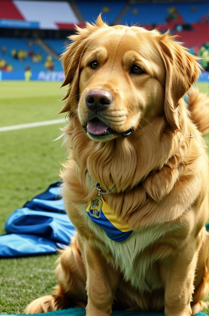 Impersonate an animated Golden Retriver wearing the Brazil national team shirt at the 2024 Copa América.
.
With a sociable and fun expression. shiny golden fur. Lively and curious look