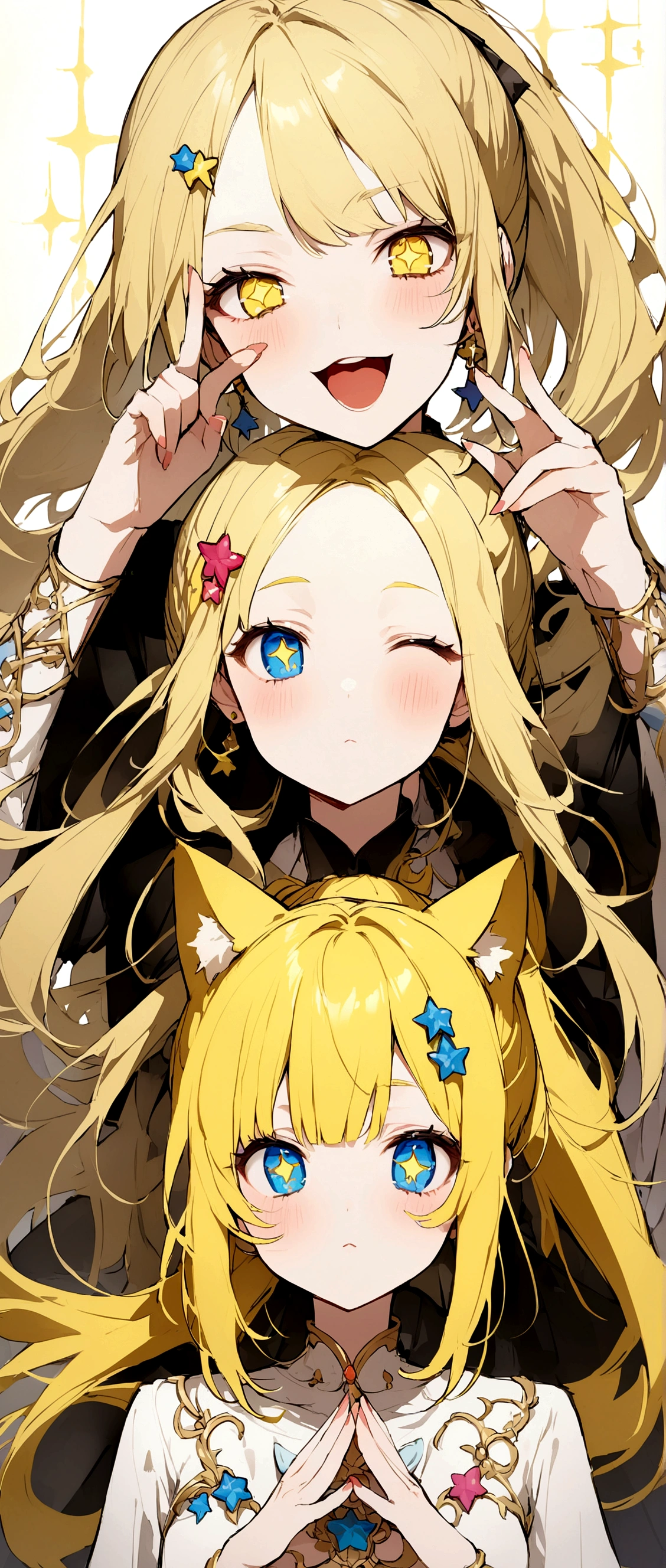 Yellow Hair、Ponytail on the right、Right eye is blue、Left eye is yellow、Odd Eye、Stars in the eyes、Double Peace、Cat ear、Star hair ornament、Girl