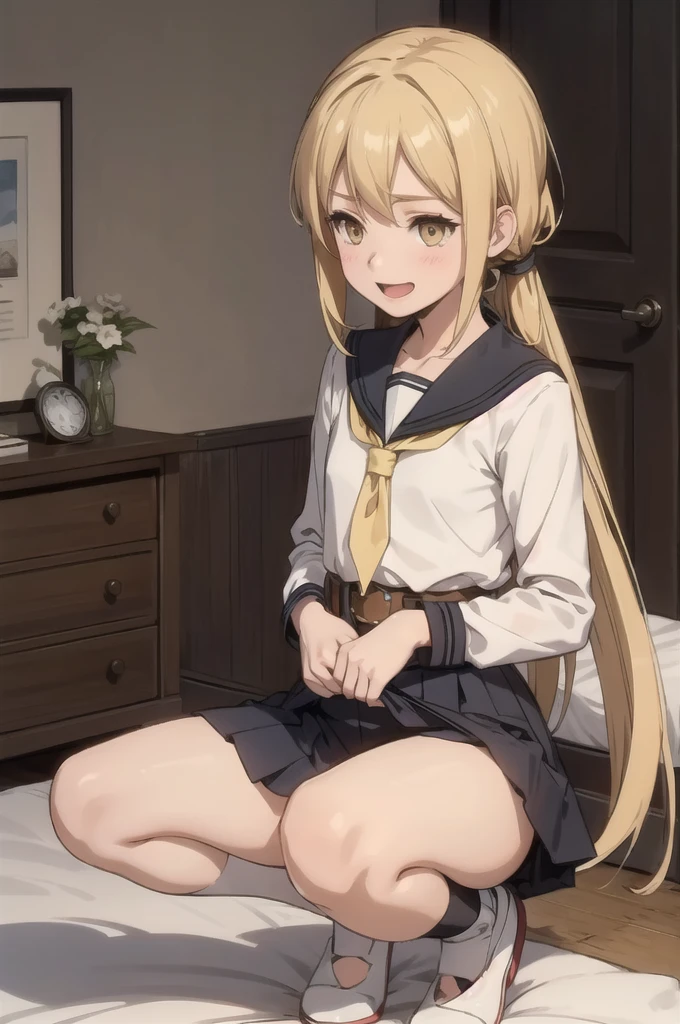 (masterpiece), (Highest quality), (Super detailed), ((Very delicate and beautiful)), One girl, 独奏, Satsuki, Blonde, Cowboy Shot, Black Sailor Suit, White neckerchief, Crescent Pin, (very long hair), smile, Flat Chest, belt, Black Skirt, Open your mouth, Sitting, on bed,  indoors, Detailed iris, young,  (Skirt Lift), (panties), With legs apart, Squat