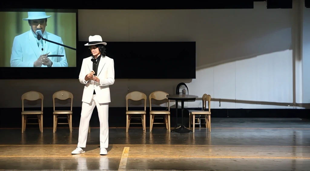 Photorealistic image of a 7-year-old Caucasian boy performing on a makeshift stage in the school cafeteria. The boy is autistic and is dressed like Michael Jackson in the 'Smooth Criminal' music video. He is giving an amazing performance that surprises all adults. There are foreigners filming his performance with cameras. The boy has short, dark hair and wears a white hat, a white suit with a blue stripe, white pants and black shoes. The cafe has tables and chairs in the background, and the lighting highlights Vicente in his work.