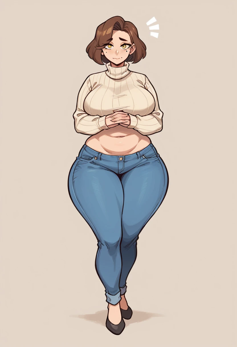 a 38 year old adult woman, She has a robust and curvy build... Your hips, stomach and bust are pronounced..., which gives you an hourglass figure, some wrinkles on the face..., short brown hair, yellow eyes, a mole on the cheek, closed smile, big breasts, Wide hips, thick thighs, rolls, large beige turtleneck sweater, sleeves covering hands, blue wide jeans, baggy clothes, full body view, Alone, cream colored background, standing, gordibuena