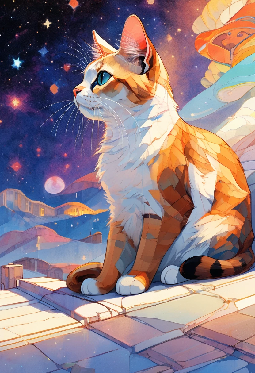 (Highest quality:0.8), (Highest quality:0.8), Perfect illustration,comics, Disney Style,(Alebrijes Art Style),  Complex, 2 adult cats,2 kittens, On the roof, Can display portraits, kind, beauty, soft, 大きなbeautiful目, Volumetric lighting, beautiful, Rich, deep colour, masterpiece, Sharp focus, Super detailed, Astrophotography,Ray Tracing,,Elegant pose,xxmix girl woman
