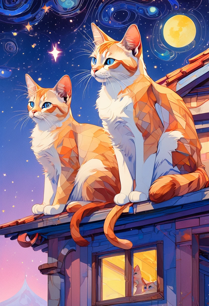 (Highest quality:0.8), (Highest quality:0.8), Perfect illustration,comics, Disney Style,(Alebrijes Art Style), Complex, 2 adult cats,2 kittens, On the roof, Can display portraits, kind, beauty, soft, 大きなbeautiful目, Volumetric lighting, beautiful, Rich, deep colour, masterpiece, Sharp focus, Super detailed, Astrophotography,Ray Tracing,,Elegant pose,xxmix girl woman