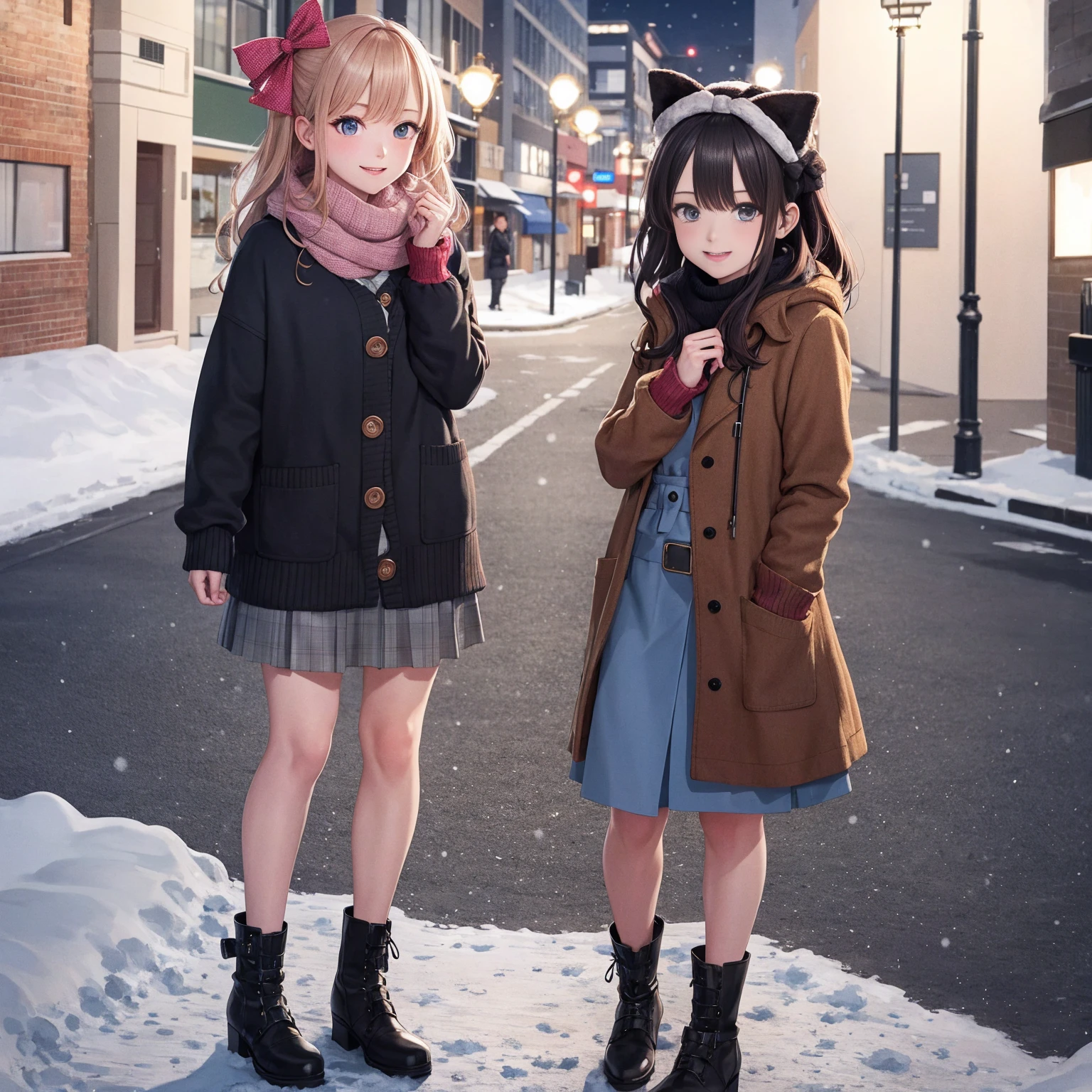 (masterpiece:1.2), best quality, highres, original, (extremely detailed:1.2), ultra-detailed, wallpaper, perfect lighting,(extremely detailed CG:1.2), 8k, anime illustration, 1girl, solo, smiling, (winter outfit:1.2), standing on the street, (knit cardigan:1.1), (bowknot on cardigan:1.25), knee-length skirt, (Ruffled hemline:1.3), winter boots, {delicate|detailed}clothes, (anatomically correct:1.34), close-up, full-body, looking at viewer, frontal, snowy street, (streetlight:1.17), city background, night, unity 4k