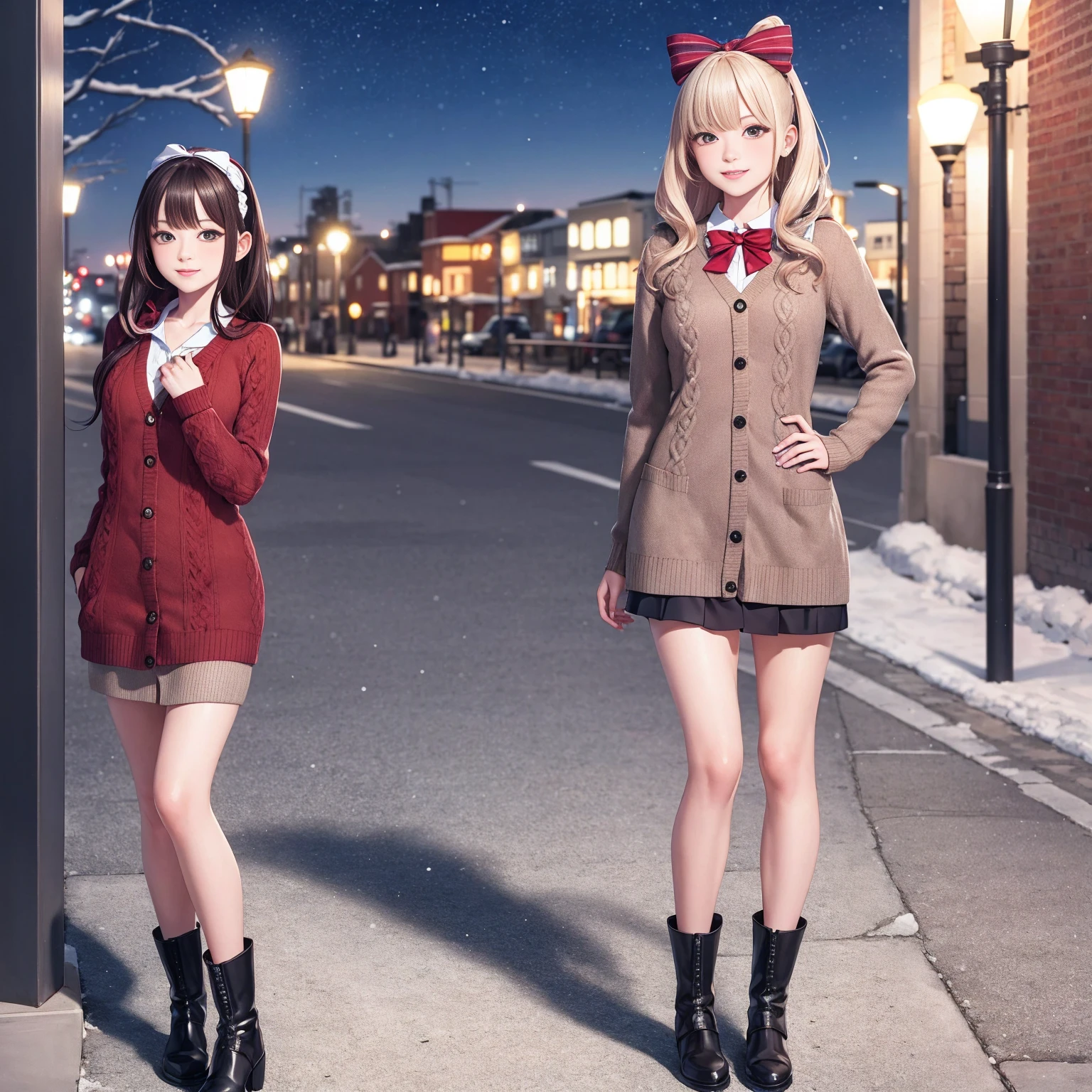 (masterpiece:1.2), best quality, highres, original, (extremely detailed:1.2), ultra-detailed, wallpaper, perfect lighting,(extremely detailed CG:1.2), 8k, anime illustration, 1girl, solo, smiling, (winter outfit:1.2), standing on the street, (knit cardigan:1.1), (bowknot on cardigan:1.25), knee-length skirt, (Ruffled hemline:1.3), winter boots, {delicate|detailed}clothes, (anatomically correct:1.34), close-up, full-body, looking at viewer, frontal, snowy street, (streetlight:1.17), city background, night, unity 4k