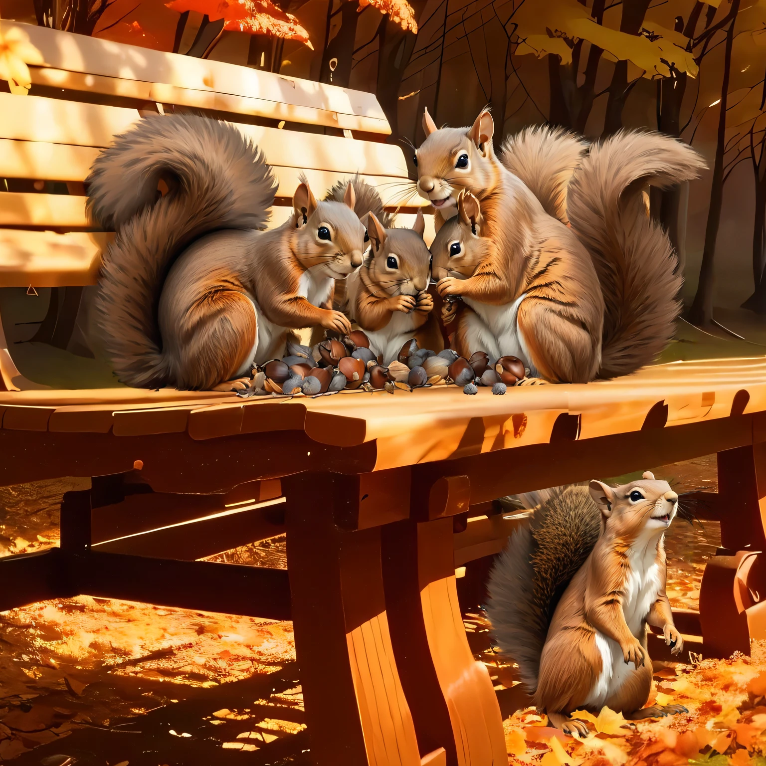 (8K, 16K, Awards, Highest quality, High resolution, Very detailed,Anatomically correct, Realistic, RAW Photos, Tabletop: 1.1),
(A flock of squirrels:1.5),Gathering acorns together,Four squirrels are on the bench,A squirrel is under the bench,