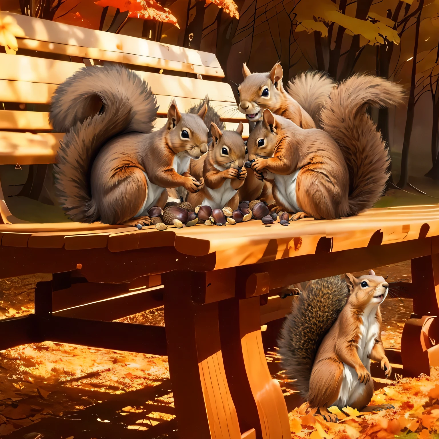 (8K, 16K, Awards, Highest quality, High resolution, Very detailed,Anatomically correct, Realistic, RAW Photos, Tabletop: 1.1),
(A flock of squirrels:1.5),Gathering acorns together,Four squirrels are on the bench,A squirrel is under the bench,