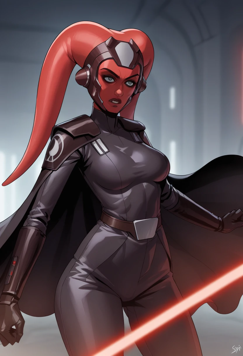 score_9, score_8_up, score_7_up, score_6_up, 2d, rating_questionable, rating_safe, BREAK ((green skin)) Female Twi'lek (((hera syndulla ))), helmet with red visor, star wars, armor,black gloves,tight bodysuit,black cape,black pants, close up, solo, standing, front view, medium breasts, wide hips, holding lightsaber, double edged, action pose, red blade, indoors, sith base, science fiction,
