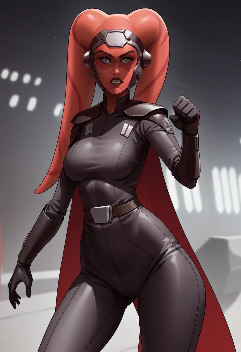 score_9, score_8_up, score_7_up, score_6_up, 2d, rating_questionable, rating_safe, BREAK ((green skin)) Female Twi'lek (((hera syndulla ))), helmet with red visor, star wars, armor,black gloves,tight bodysuit,black cape,black pants, close up, solo, standing, front view, medium breasts, wide hips, holding lightsaber, double edged, action pose, red blade, indoors, sith base, science fiction,
