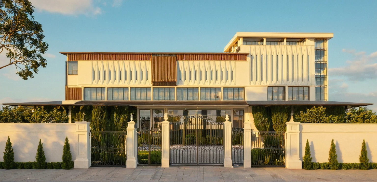 Masterpiece, high quality, best quality, authentic, super detail, outdoors, house style neoclassic, wedding center, white wall, glass windows, gate road, pavement, grass, trees, blue sky, sunset, cloud, (day:1.1), realistic lighting