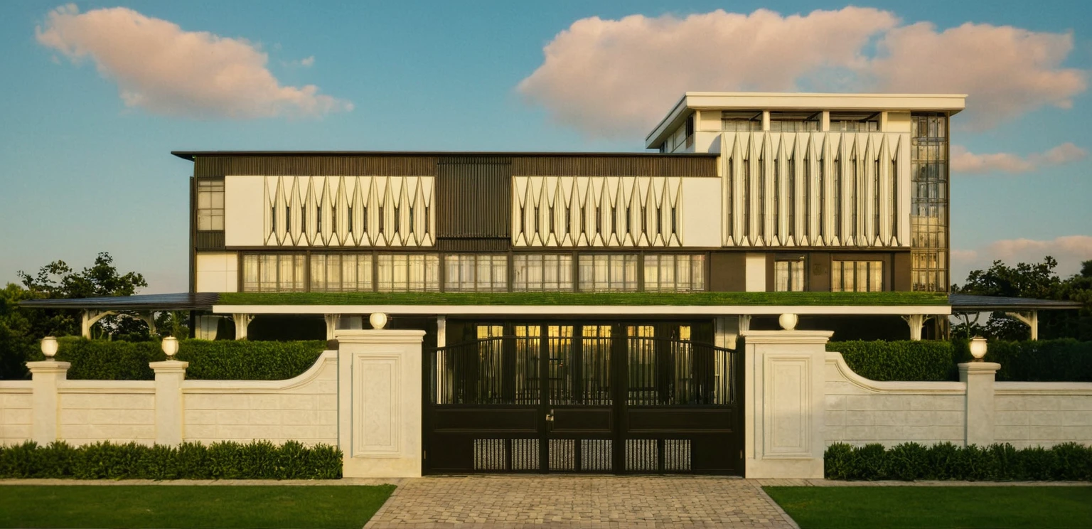 Masterpiece, high quality, best quality, authentic, super detail, outdoors, house style neoclassic, wedding center, white wall, glass windows, gate road, pavement, grass, trees, blue sky, sunset, cloud, (day:1.1), realistic lighting