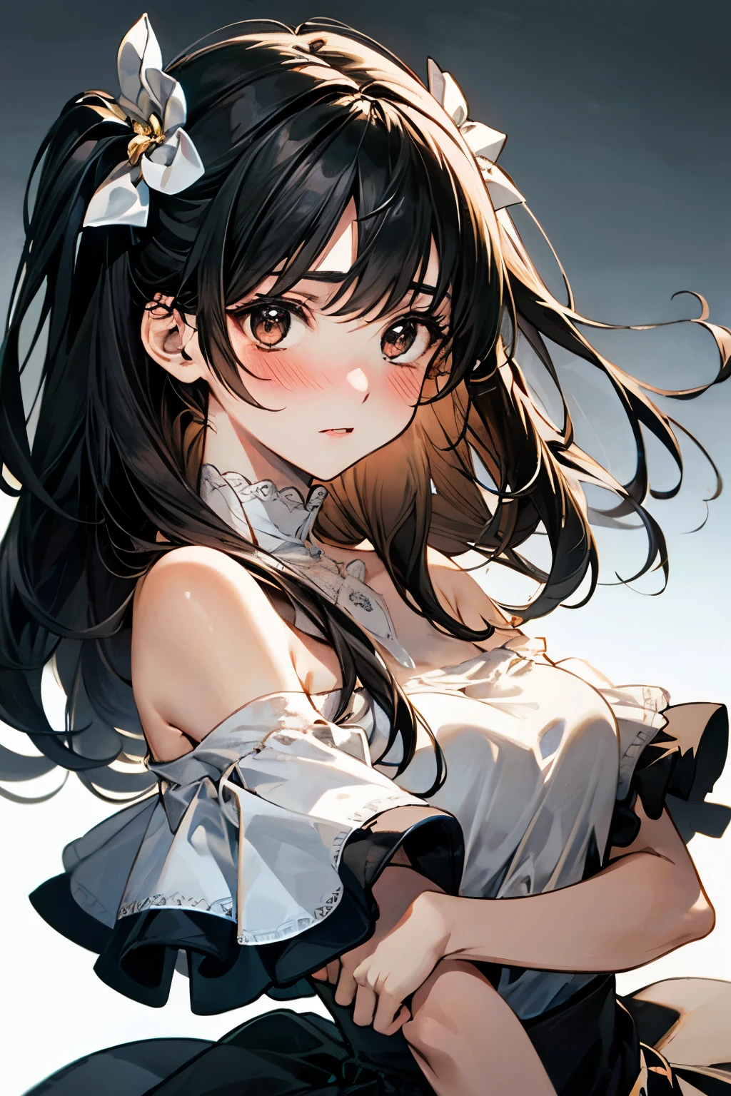 Pale beautiful young woman、Interesting and beautiful、Slim and angular face、Pointy chin、Feminine and big eyes、Real、Very detailed、Large and emphasized breasts、contrast、Textured skin、 Cold skin pores、Perfect Face、blush、Tall small nose、45 degree angle、Long, shiny black hair、Light brown eyes、Sweet perfume、A sense of dynamism、Thrilling、Soft breasts、Off the shoulder、Glossy clothing、Skirt with ruffles、Two Side Up