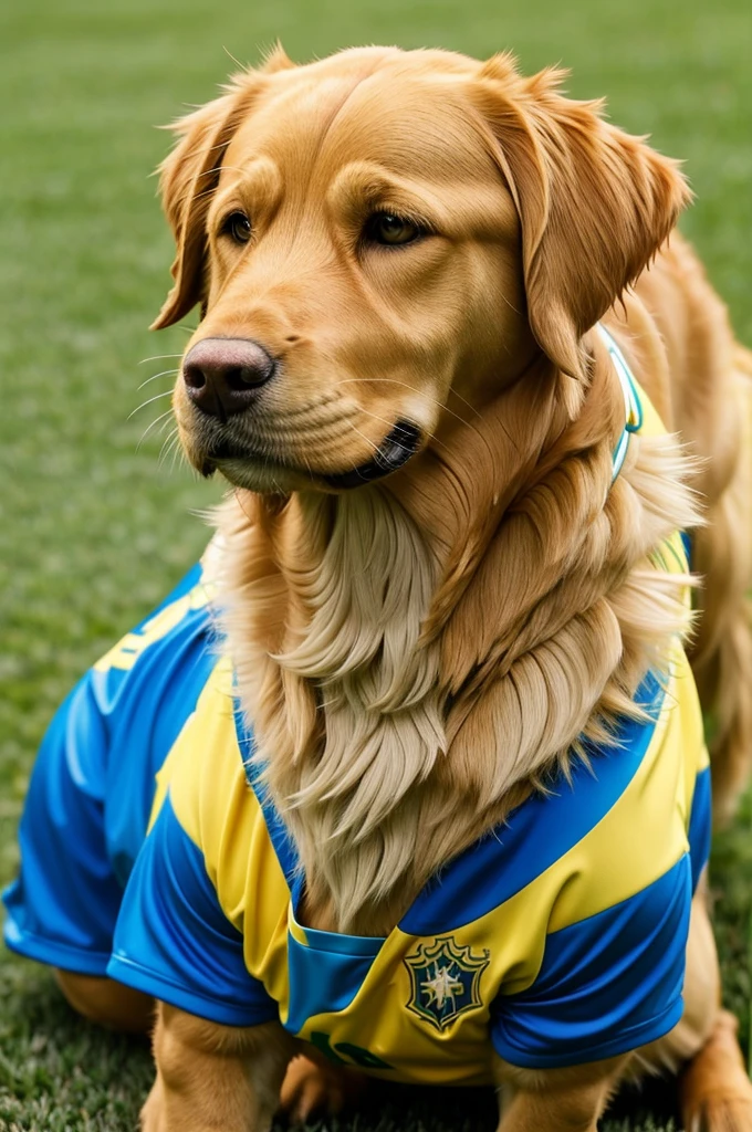 Impersonate an animated Golden Retriver wearing the Brazil national team shirt at the 2024 Copa América.
.
With a sociable and fun expression. shiny golden fur. Lively and curious look