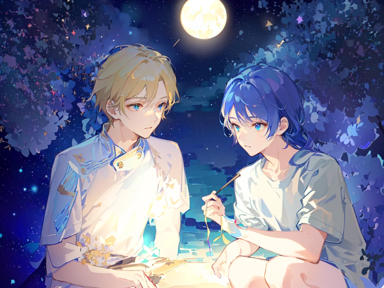 Two boys，The person on the left has blond hair，The person on the right has dark blue hair，White T-shirt，Background is starry sky，night，Beautiful starry sky，Hold a fireworks stick，hanabi，Hanabi，The right light and shadow，8K，Correct human body，Detailed eye painting，illustration，Highest quality，Exquisite，Detailed face，Masterpiece，flat chest，Slim，young，16 years old，High-end，Hand Painted，Official Fanart, Visual novel, Anime style，Girly Romance, Produced by Anime Painter Studio，masterpiece, best quality, Sharp focus, Intricate details, Perfect, Golden Ratio Composition, 8K resolution, High resolution, fair, fair sky, Vibrant pastel colors, Vibrant colors