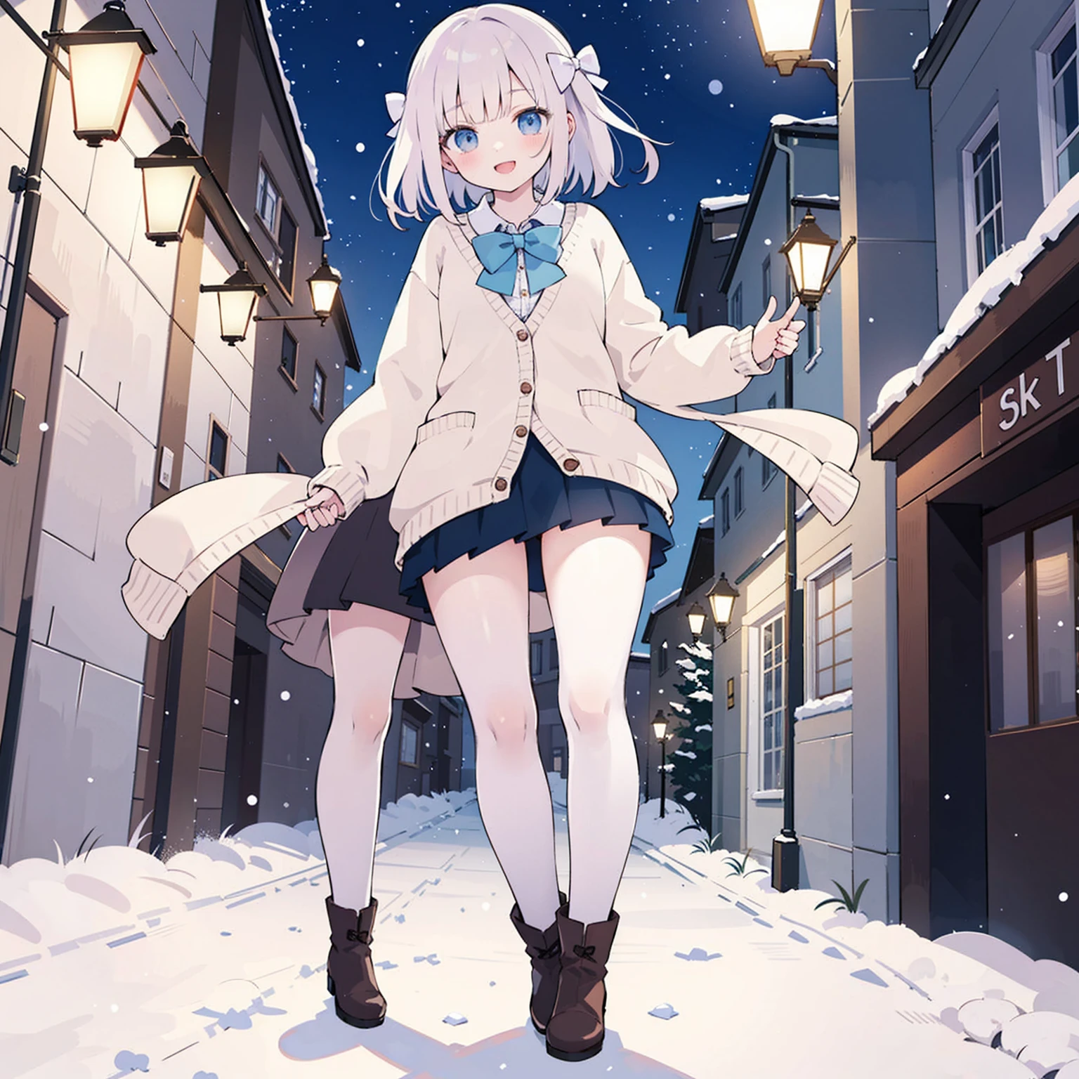 (masterpiece:1.2), best quality, highres, original, (extremely detailed:1.2), ultra-detailed, wallpaper, perfect lighting,(extremely detailed CG:1.2), 8k, anime illustration, 1girl, solo, smiling, (winter outfit:1.2), standing on the street, (knit cardigan:1.1), (bowknot on cardigan:1.25), knee-length skirt, (Ruffled hemline:1.3), winter boots, {delicate|detailed}clothes, (anatomically correct:1.34), close-up, full-body, looking at viewer, frontal, snowy street, (streetlight:1.17), city background, night, unity 4k