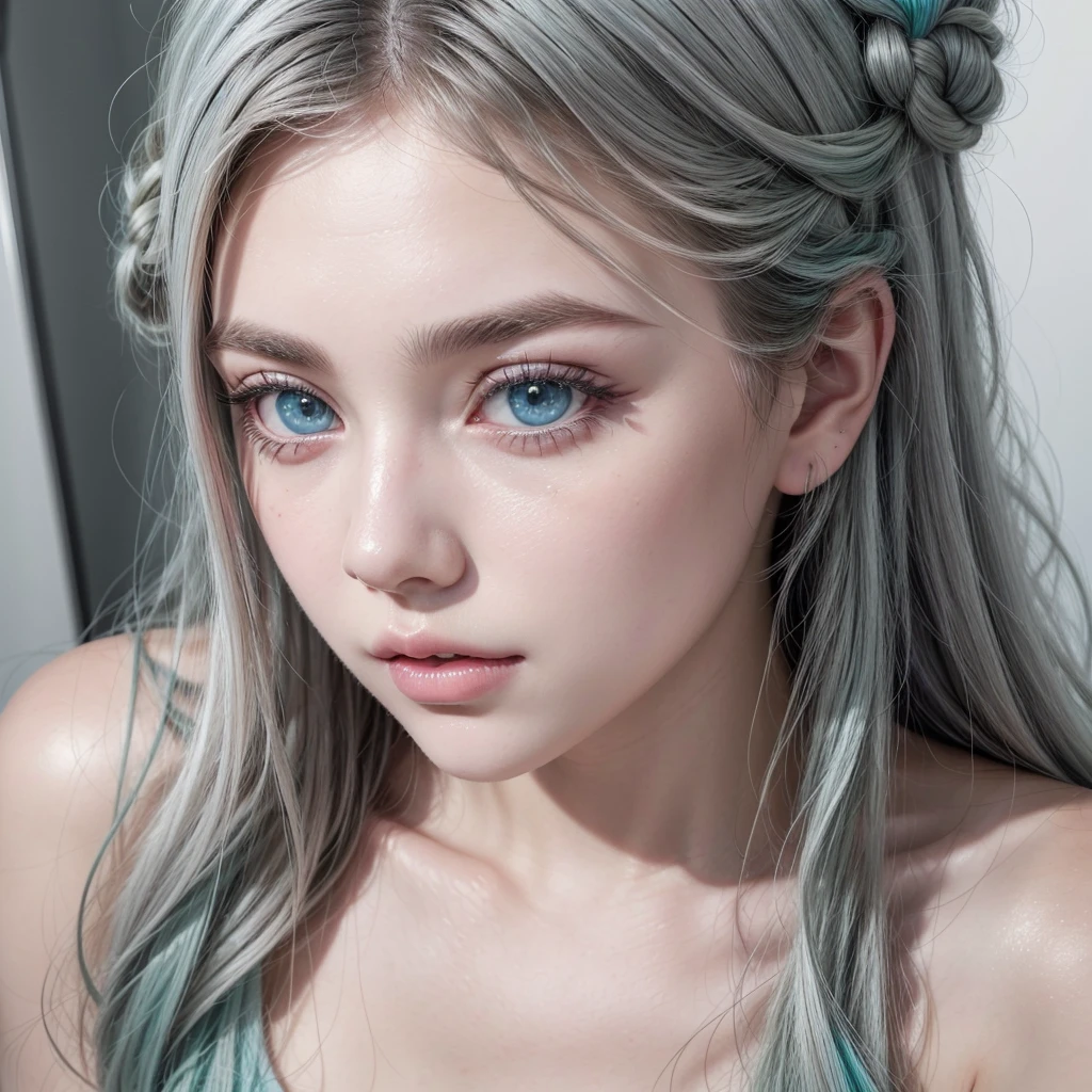 A beautiful girl with black and gray hair, white and pale skin, beautiful pink lips, greenish blue eyes, long curly eyelashes, unreal and angelic beauty