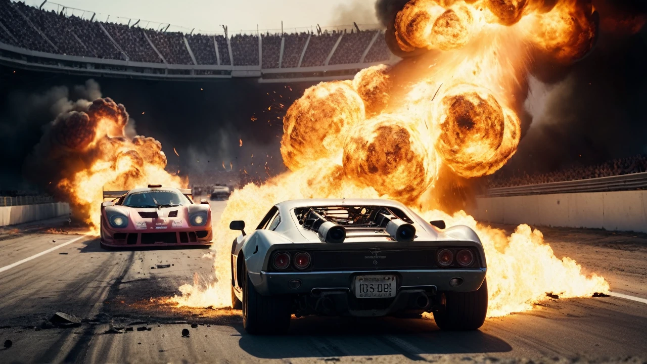 A futuristic race through a destroyed racing circuit after a nuclear explosion、Cinematic still image of a race car suffering a gas puncture。Overtaking、Crash、Destruction and explosion、Flaming、Shallow depth of field、Vignette、Very detailed、High budget、Bokeh、CinemaScope、Moody、grow、gorgeous、Film Grain、granular、High Quality Photos、3-point lighting、flash with softbox、4K、Canon EOS R3、HDR、Smooth、Sharp Focus、High resolution、Award-winning photography、80mm、f2.8、Bokeh
、undefined