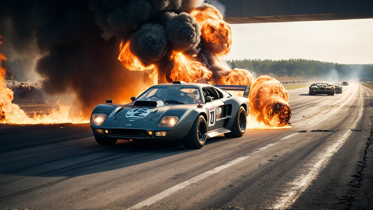 A futuristic race through a destroyed racing circuit after a nuclear explosion、Cinematic still image of a race car suffering a gas puncture。Overtaking、Crash、Destruction and explosion、Flaming、Shallow depth of field、Vignette、Very detailed、High budget、Bokeh、CinemaScope、Moody、grow、gorgeous、Film Grain、granular、High Quality Photos、3-point lighting、flash with softbox、4K、Canon EOS R3、HDR、Smooth、Sharp Focus、High resolution、Award-winning photography、80mm、f2.8、Bokeh
、undefined