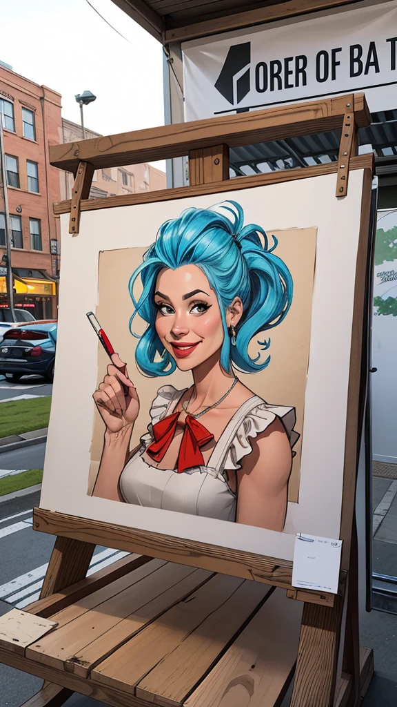 Create a promotional image for selling caricatures. The image should include a drawing bench with several examples of colorful caricatures hanging around it. On the bench, an artist is drawing a new caricature, with a big smile on its face. in the spotlight, A written sign "Custom Caricatures" em letras grandes e chamativas. Add details such as a promotional banner indicating "10 discount% on First Order" and contact information in a corner of the image. The background could be an outdoor art fair or a cozy artist studio.