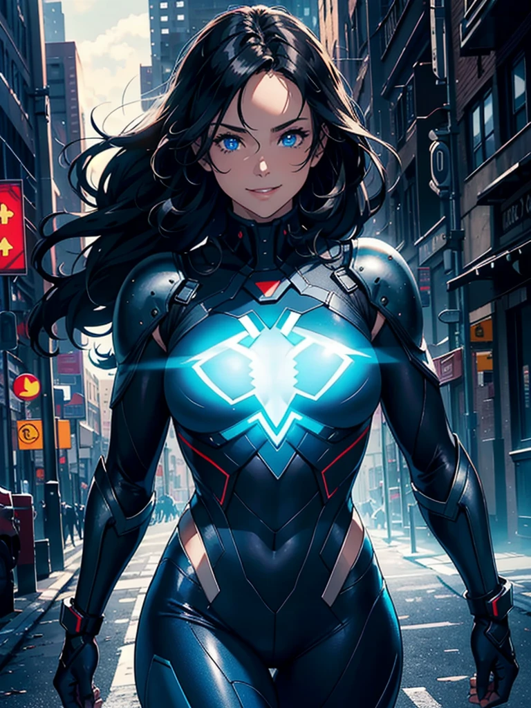 16K, HDR,UHD, RTX, ray tracing, chiaroscuro, best quality, masterpiece, ethereal, perfect illustration, digital artwork, trending on artstation, jaw-dropping perfection, ultra realistic, textured amazing lighting effects, perfect shadows, WLOP, 1girl, beautiful mature edgy woman in a cool long jacket and black pants, superhero suit, stomach covered by clothing, shoulder-length hair, shoulder-length hair, wavy hair, black hair, highly detailed glowing blue eyes, glowing eyes, blue eyes, beautiful glowy blue eyes, detailed eyes, beautiful face, perfect anatomy, broad shoulders, strong upper-body, modern city, city, beautiful weather, stunning sunshine, sunny, daylight, sunlight, modern, nature, daytime, superhero, uplifting, heroic, heroic pose, smiling, smiling at camera, athletic, hands near hips, glowy eyes, daytime, black and blue superhero suit, metal shoulder-pads, summertime, radiant sunlight, beautiful cityscape, hair blowing in wind, manly shoulders, big smile, wide smile, happy eyes, joyful, smiling with teeth, very tall, wide shoulders, tall