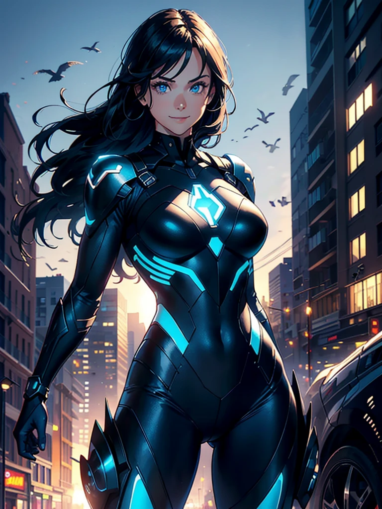 16K, HDR,UHD, RTX, ray tracing, chiaroscuro, best quality, masterpiece, ethereal, perfect illustration, digital artwork, trending on artstation, jaw-dropping perfection, ultra realistic, textured amazing lighting effects, perfect shadows, WLOP, 1girl, beautiful mature edgy woman in a cool long jacket and black pants, superhero suit, stomach covered by clothing, shoulder-length hair, shoulder-length hair, wavy hair, black hair, highly detailed glowing blue eyes, glowing eyes, blue eyes, beautiful glowy blue eyes, detailed eyes, beautiful face, perfect anatomy, broad shoulders, strong upper-body, modern city, city, beautiful weather, stunning sunshine, sunny, daylight, sunlight, modern, nature, daytime, superhero, uplifting, heroic, heroic pose, smiling, smiling at camera, athletic, hands near hips, glowy eyes, daytime, black and blue superhero suit, metal shoulder-pads, summertime, radiant sunlight, beautiful cityscape, hair blowing in wind, manly shoulders, big smile, wide smile, happy eyes, joyful, smiling with teeth, very tall, wide shoulders, tall