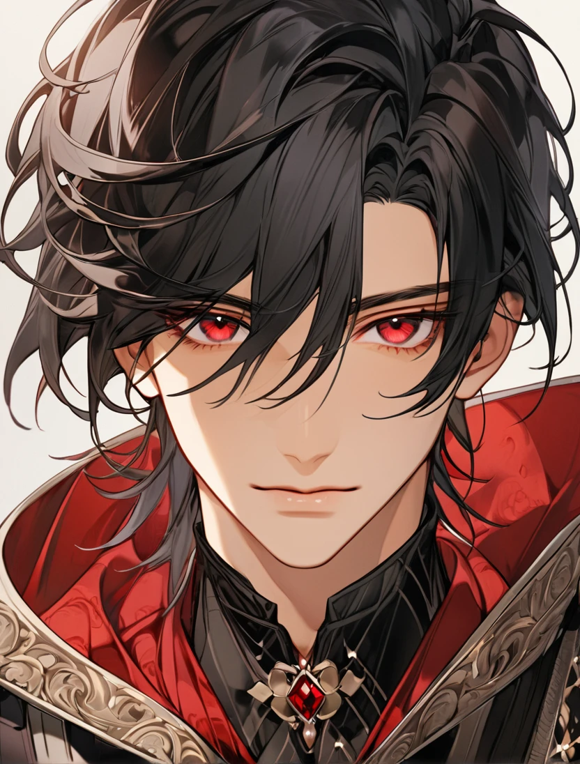 (Black_Hair), (red_ruby_eyes), (Handsome), (attractive), (male), (close_up_shot), (detailed_eyes), (detailed_hair), (clean_hair),  (vertical_pupils), (jawline), (wears_aristrocatic_outfit), (in_his_early_twenties) 