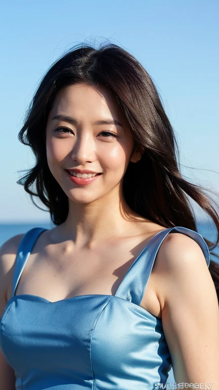 ((Highest quality、8K、masterpiece:1.3))、Photorealistic, Sharp focus, high resolution, High resolution,Portraiture, One person、Japanese、woman, beautiful woman, ((( Sky Blue Dress)))、30 years old, plump, Medium Long Hair,smile