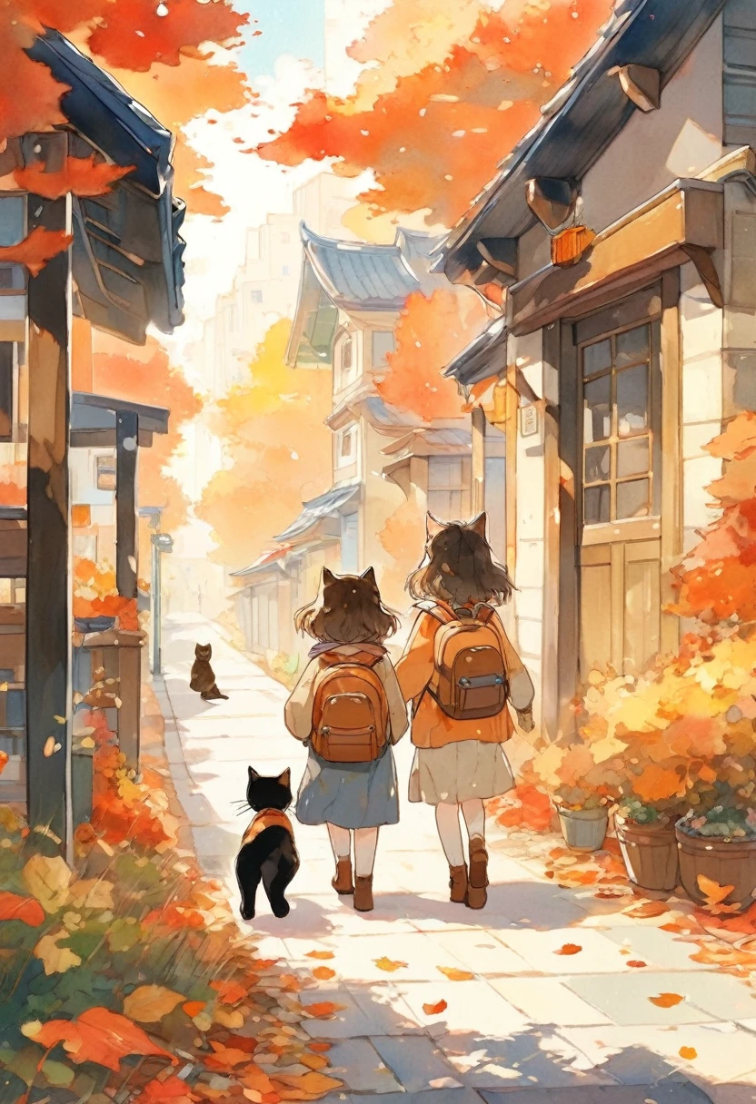 (Highest quality:0.8), (Highest quality:0.8), Perfect illustration,Autumn season、I have two kittens, cute猫, cute子猫, cute, 信じられないほどcute, 愛らしくてcute, And cute and adorable. They are walking down the street with backpacks on., Walk together, commute, Walking proudly down the street, And the cat is walking. They are cute in the style of 🍂 and 🍁, 愛らしくてcute, Cute and adorable, oh, 素敵でcute. 