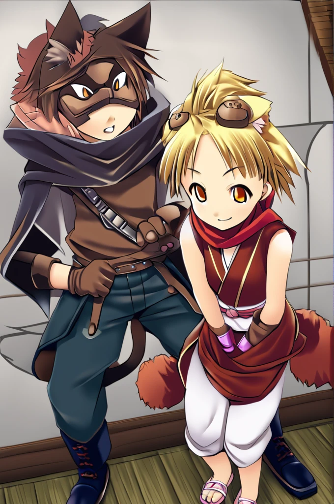 Short blonde hair, cat ears and tail to match hair color, orange eyes, wearing a red scarf, dressed like a brownish bandit, cute girl with a cat beast, brown leather gloves on her hands, two daggers in her hands, ready for battle, 15 years old, the picture should be a Japanese anime, similar to the reference image, small breasts