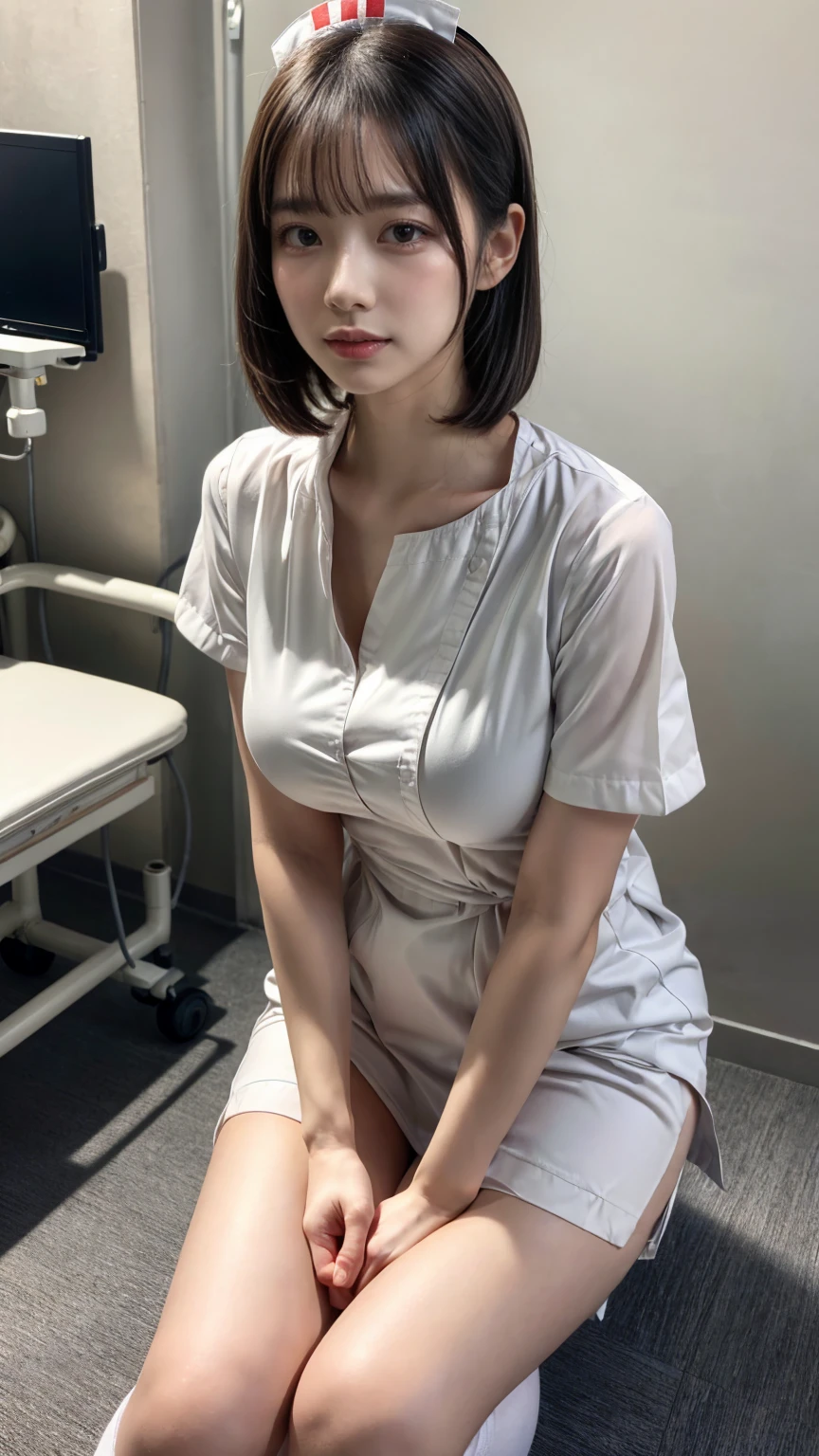 1 girl,(Wearing white nurse clothes:1.2),(RAW Photos, highest quality), (Realistic, photo-Realistic:1.4), masterpiece, Very delicate and beautiful, Very detailed, 2k wallpaper, wonderful, finely, Very detailed CG unity 8k wallpaper, Very detailed, High resolution, Soft Light, Beautiful detailed girl, Very detailed eyes and face, Beautiful and detailed nose, finely beautiful eyes, nurse, Perfect Anatomy, Black Hair, Upstyle, nurse uniform, (big breasts), Long skirt, nurse, White costume, thin, hospital, clear, White Uniform, hospital room, Neck auscultation,Bobcut、(((Sit with your knees apart:1.3)))
