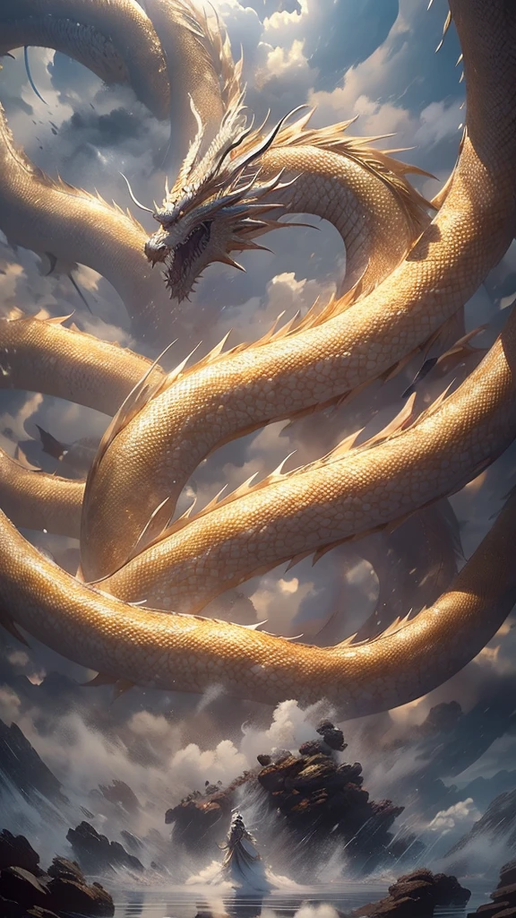 (tmasterpiece), (Best quality at best), Cinematic quality,Rendered by Octane,Ultra-detailed details,Cloud dragon,gold dragon,In the sea of white clouds,in the sky,Huge Chinese dragon,Slender dragon body,body of revolution,Dragon tail,Dragon's Horn,dragon claw,